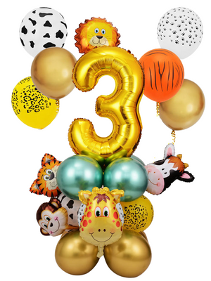 ZESTAW BALONY CYFRA 3 ZOO ZWIERZĘTA ZŁOTE ROCZEK