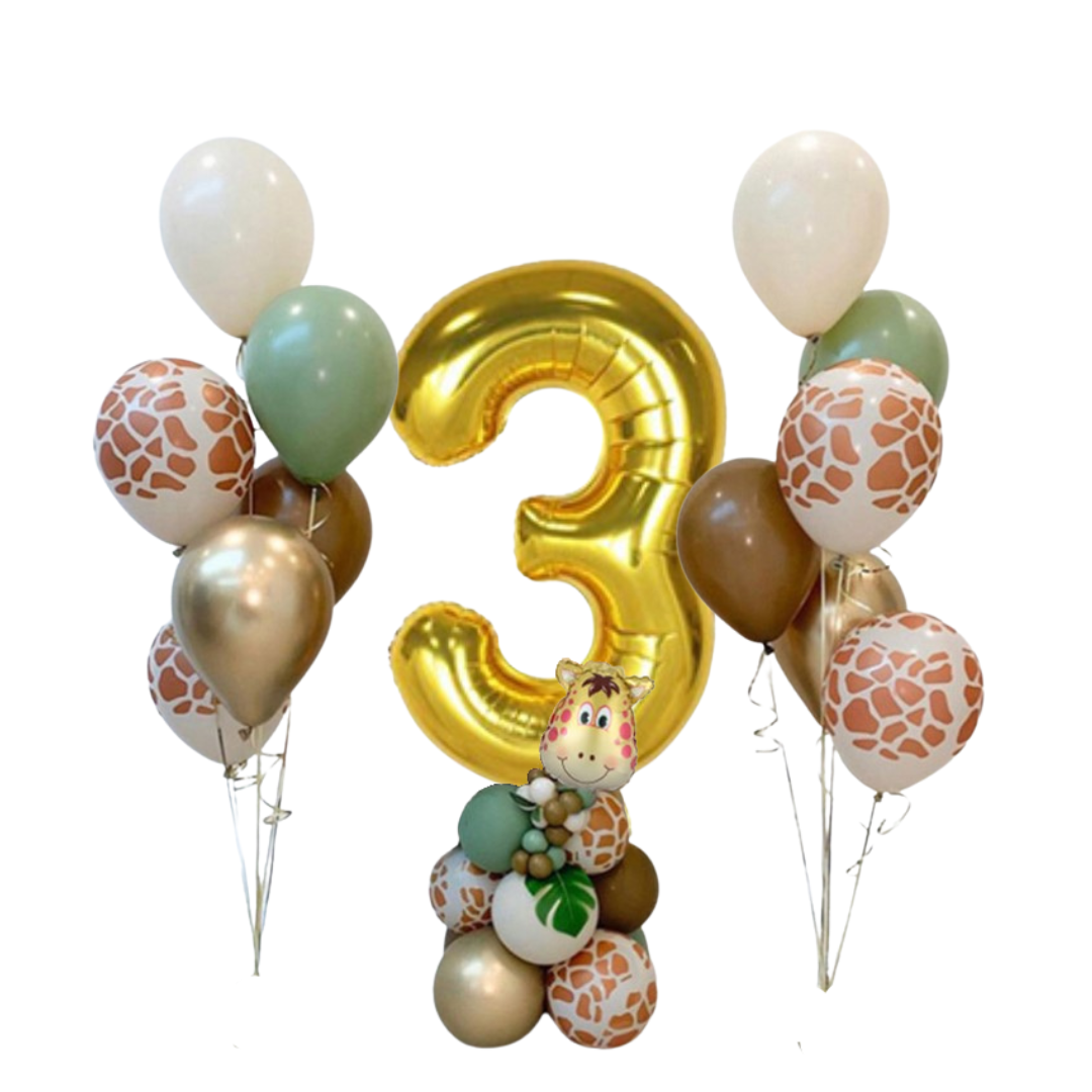 ZESTAW BALONY CYFRA 3 ZOO ZWIERZĘTA WILD ONE ZŁOTE