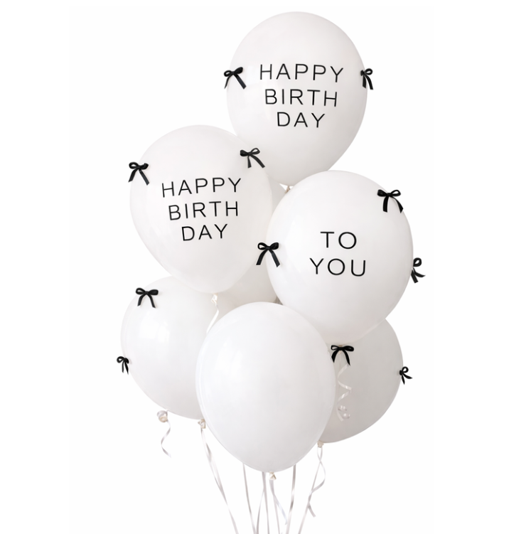 Balony Happy Birthday To You 10 szt. + Kokardki Czarne + Klej