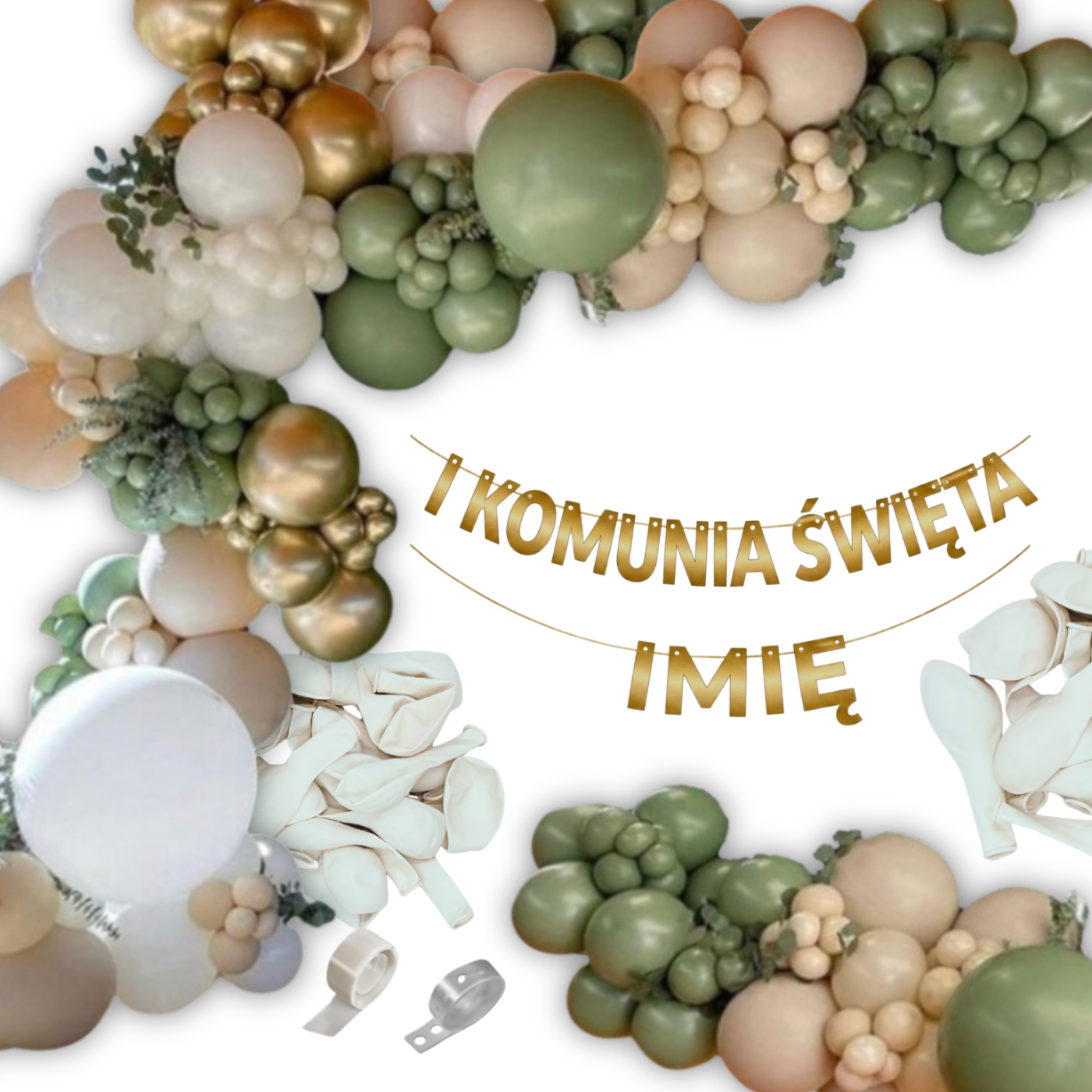 Girlanda Balonowa Zielona Biala Zlota + Napis I Komunia Swieta + Imie Zloty