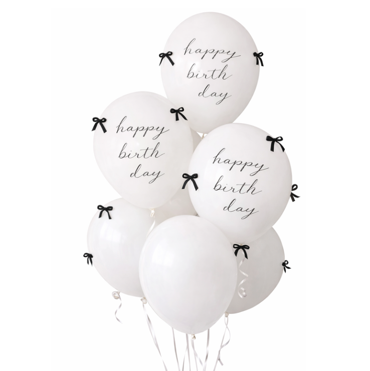 Balony Happy Birthday 10 szt. + Kokardki Czarne + Klej