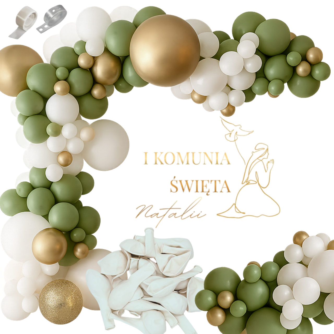 Girlanda Balonowa Zielona Biała Złota + Naklejka personalizowana I Komunia Święta imię złota