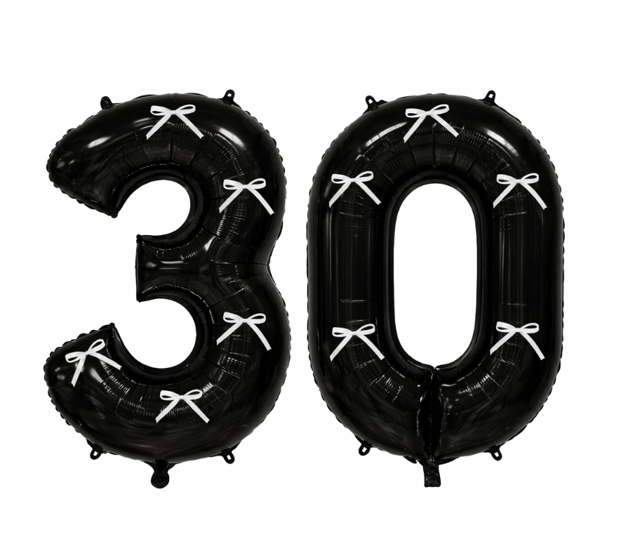 Duże cyfry balon XXL 100 cm 30 CZARNE + Kokardki białe urodziny dekoracje