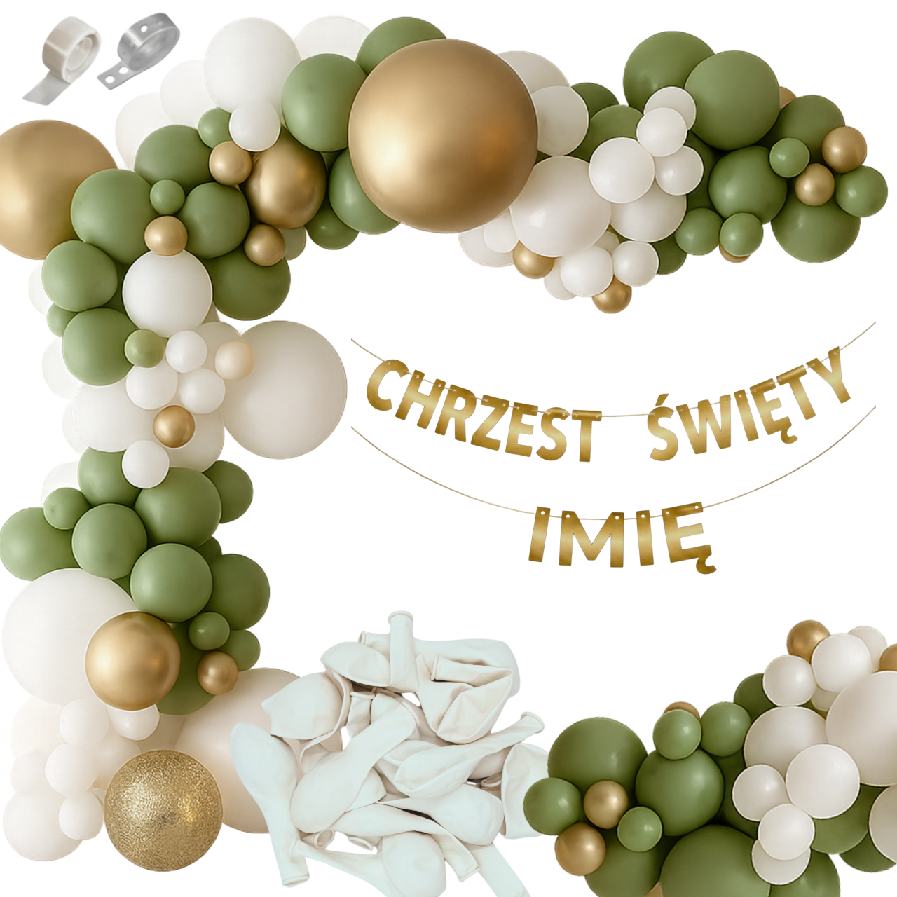 Girlanda Balonowa Zielono Zloto Biala Baner Personalizowany Chrzest Swiety + IMIE