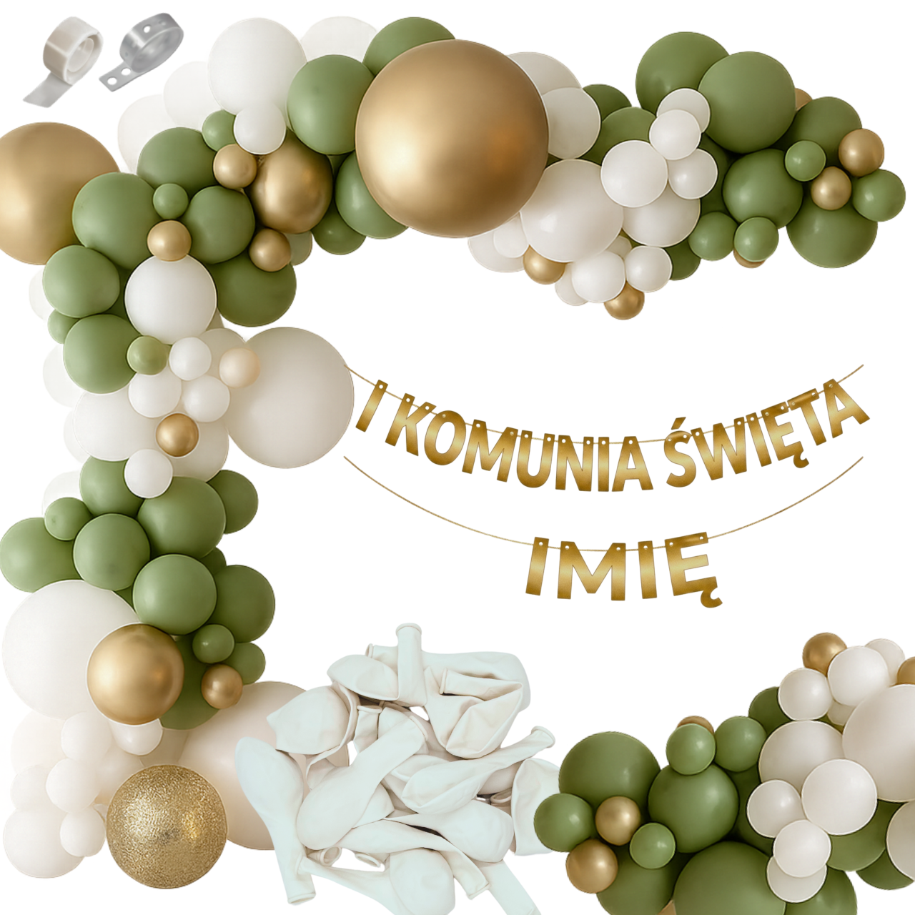 Girlanda Balonowa Zielono Bialo Zlota Napis Personalizowany I Komunia Swieta + IMIE