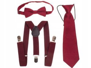 Zestaw muszka, szelki i krawat dziecięcy - bordowy