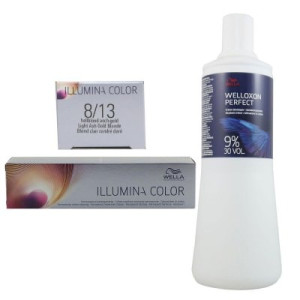 Wella Illumina 60 ml 8/13 hellblond asch gold & 1000 ml 9 % Entwickler