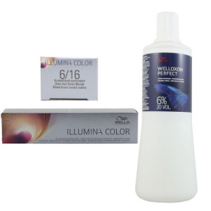 Wella Illumina 60 ml 6/16 dunkelblond asch violett & 1000 ml 6 % Entwickler