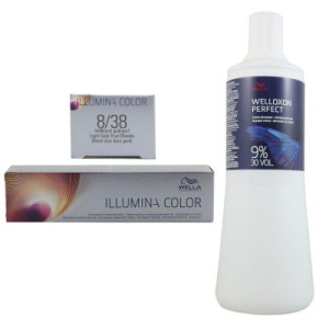 Wella Illumina 60 ml 8/38 hellblond gold pearl & 1000 ml 9 % Entwickler