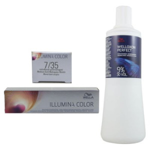 Wella Illumina 60 ml 7/35 mittelblond gold mahagoni & 1000 ml 9 % Entwickler