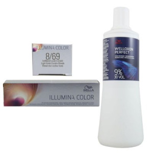Wella Illumina 60 ml 8/69 hellblond violett cendre & 1000 ml 9 % Entwickler