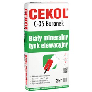 Promocja!CEKOL C-35 BARANEK 2.5mm BIAŁY MINERALNY TYNK ELEWACYJNY NAKŁADANIE RĘCZNE I MASZYNOWE ODPORNY NA MIKROPĘKNIĘCIA ODPORNY NA WYKWITY I PORASTANIE BARANEK 2,5mm 25kg