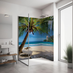 Duschrückwand Eckset Palme Strand und Meer  (K_29_21 Strand & Meer) PlateART