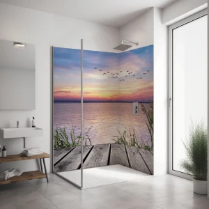 Duschrückwand Eckset Steg Abendstimmung (Mar_18_21 Maritim) PlateART