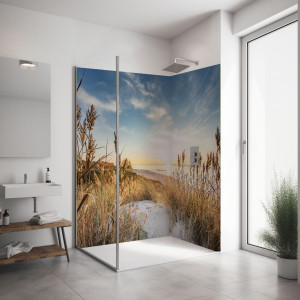 Duschrückwand Eckset Ostsee Strand mit Gräsern im Vordergrund (MAR_34_21 Maritim) PlateART