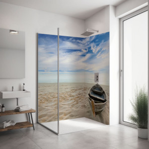 PlateART Duschrückwand Eckset K_11_18 (Boot am Strand), 2 Platten à 900 x 2000 mm