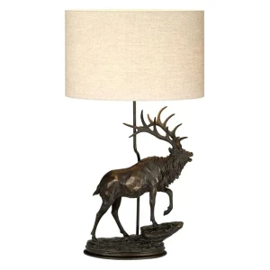 Lampa stołowa brązowa z figurą jelenia i abażurem ecru DL-ANGUS-TL z serii Angus - Elstead Lighting