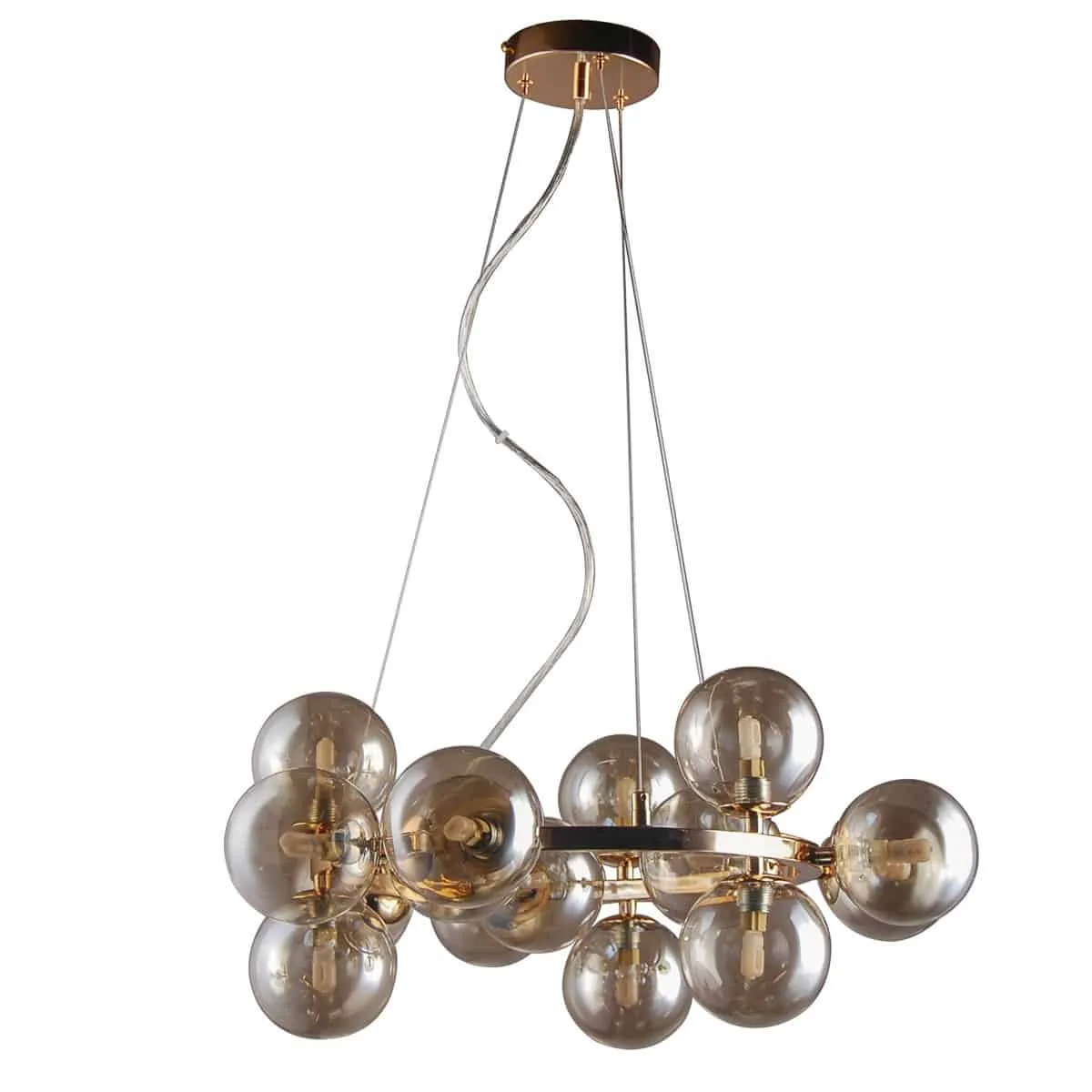 Lampa wisząca złota 15-punktowa ze szklanymi dymionymi kulami PND-6161-15 GO+CO z serii Marbelio - Lampy Italux