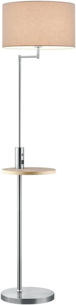 Lampa podłogowa metal + półka drewniana z USB + nikiel + abażur materiał szary CLAAS 400400107 - Trio