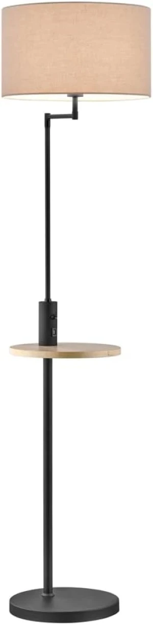 Lampa podłogowa metal + półka drewniana z USB + czarny + abażur materiał szary CLAAS 400400132 - Trio