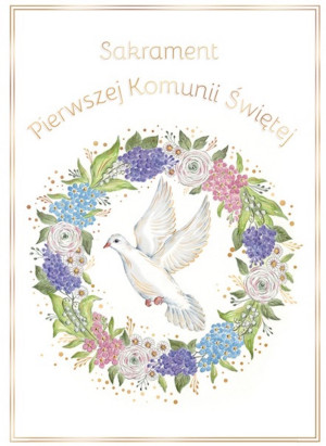 Karnet / Kartka Różowa - Sakrament Pierwszej Komunii Świętej - Koperta B6 - Gołąb