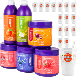 Popping Boba Molecula Bubble Tea Set 4x Fruchtperlen, Litschi, Himbeere, Passionfrucht und Blaubeere 2x Sirup Apfel und Pfirsich Becher, Strohhalme Popping Boba