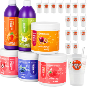 Popping Boba Molecula Bubble Tea Set 4x Fruchtperlen, Litschi, Himbeere, Passionfrucht und Blaubeere 2x Sirup Apfel und Pfirsich Becher, Strohhalme Popping Boba