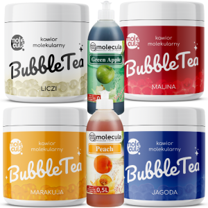 Popping Boba Molecula Bubble Tea Set 4x Fruchtperlen, Litschi, Himbeere, Passionfrucht und Blaubeere 2x Sirup Apfel und Pfirsich Becher, Strohhalme Popping Boba