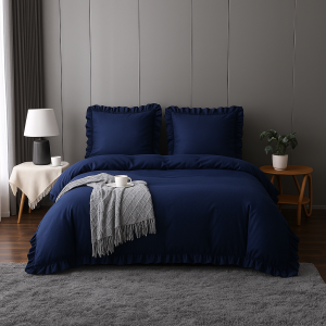 Elegancka pościel glamour w falbanki granatowa 200x220
