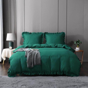 Elegancka pościel glamour w falbanki butelkowa zieleń 200x220