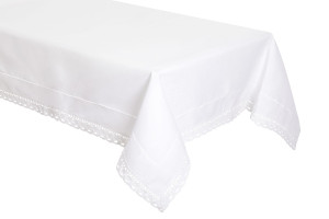 Biały obrus z Mereżką i koroną 140x300 Elegancki jak Len