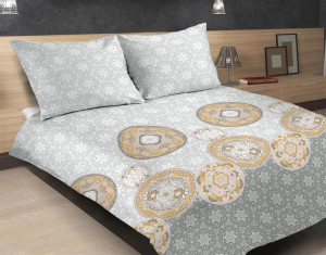 Pościel Satynowa 220x200 EXCLUSIVE 46 Mandala Serwetki Szara Żółta