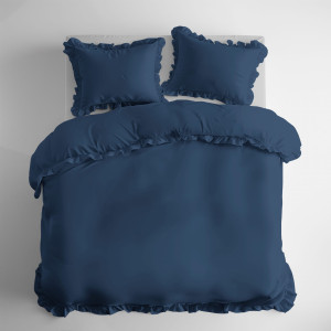 Pościel Bawełniana z falbanką 220x200 3 cżęściowa Granatowa Denim