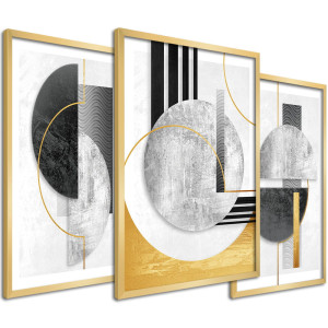 Tryptyk do salonu - Czarno złota abstrakcja Styl Glamour - Złota rama - format 30x40 cm