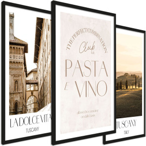 Zestaw obrazów do salonu - zdjęcia Toskania, napis Pasta e Vino - wymiary 45x65 cm