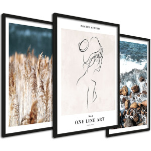 Zestaw obrazów Line Art natura - fale, trawy w stylu boho 33x43 cm