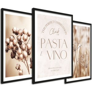 Zestaw obrazów z napisem - Pasta e vino, suszone rośliny boho 33x43 cm