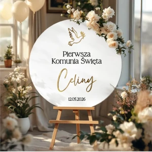 Okrągła akrylowa tablica powitalna na Komunię wzór 3