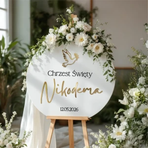 Okrągła akrylowa biała tablica powitalna na Chrzest wzór 1