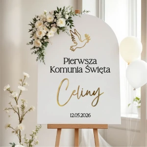 Akrylowa półokrągła tablica powitalna na Komunię wzór 3