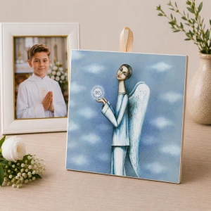Prezent z okazji Pierwszej Komunii Świętej - ceramiczna płytka 15x15 cm z Aniołem