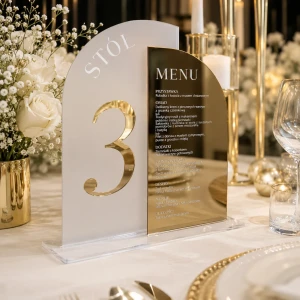 Lustrzane menu przestrzenne z numerkiem na stół - 2w1