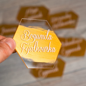 Transparentne winietki ślubne malowane farbą- heksagon