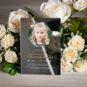 Zaproszenia komunijne ze zdjęciem- lustrzane srebrne 304