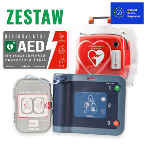 ZESTAW: Defibrylator AED Philips FRx Standard w torbie + Gablota AED Quick do FRx/HS1 + Tablica AED wewnętrzna do szafki
