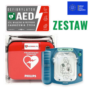 ZESTAW: Defibrylator AED Philips HS1 Slim + Gablota pleksi Slim do HS1 + Tablica AED wewnętrzna do szafki