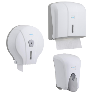 Zestaw DE-COMPLETE W dozownik mydła, podajnik na reczniki papierowe i podajnik do papieru toaletowego