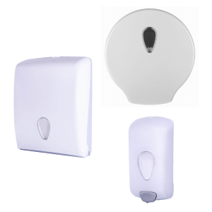 BIAŁY ZESTAW I-BLACK DOZOWNIK MYDŁA, PODAJNIK NA RECZNIKI PAPIEROWE I PODAJNIK DO PAPIERU TOALETOWEGO