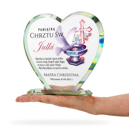 Serce kryształowe ze szkła na chrzest - Z gołąbkiem dla dziewczynki