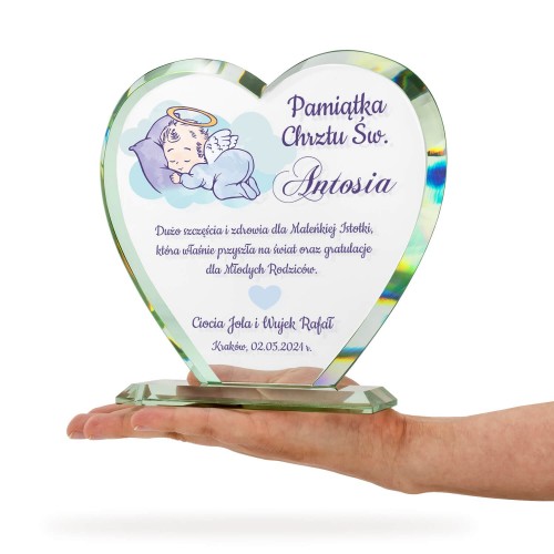 Serce kryształowe na chrzest z nadrukiem - Mała istotka